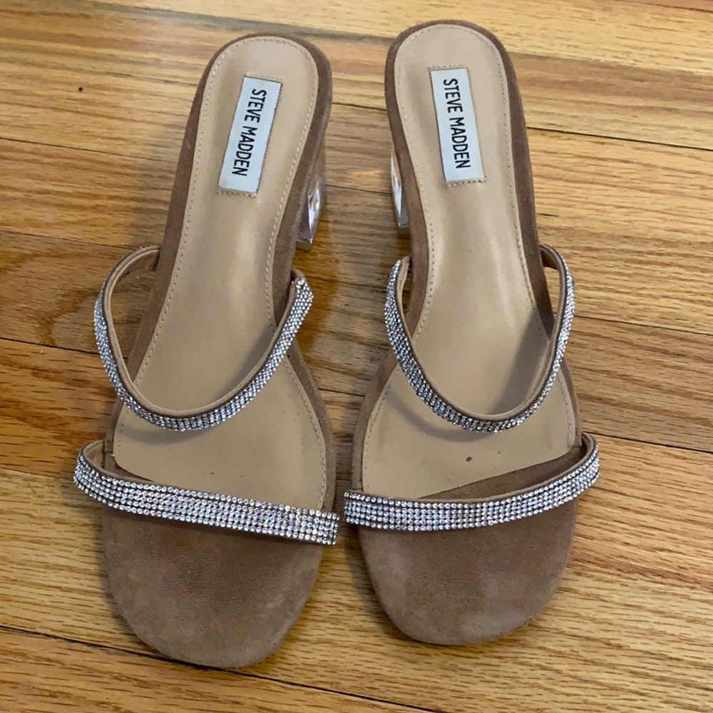 Steve Madden Clear Block Heel Sandals with Rhinestone Double Straps